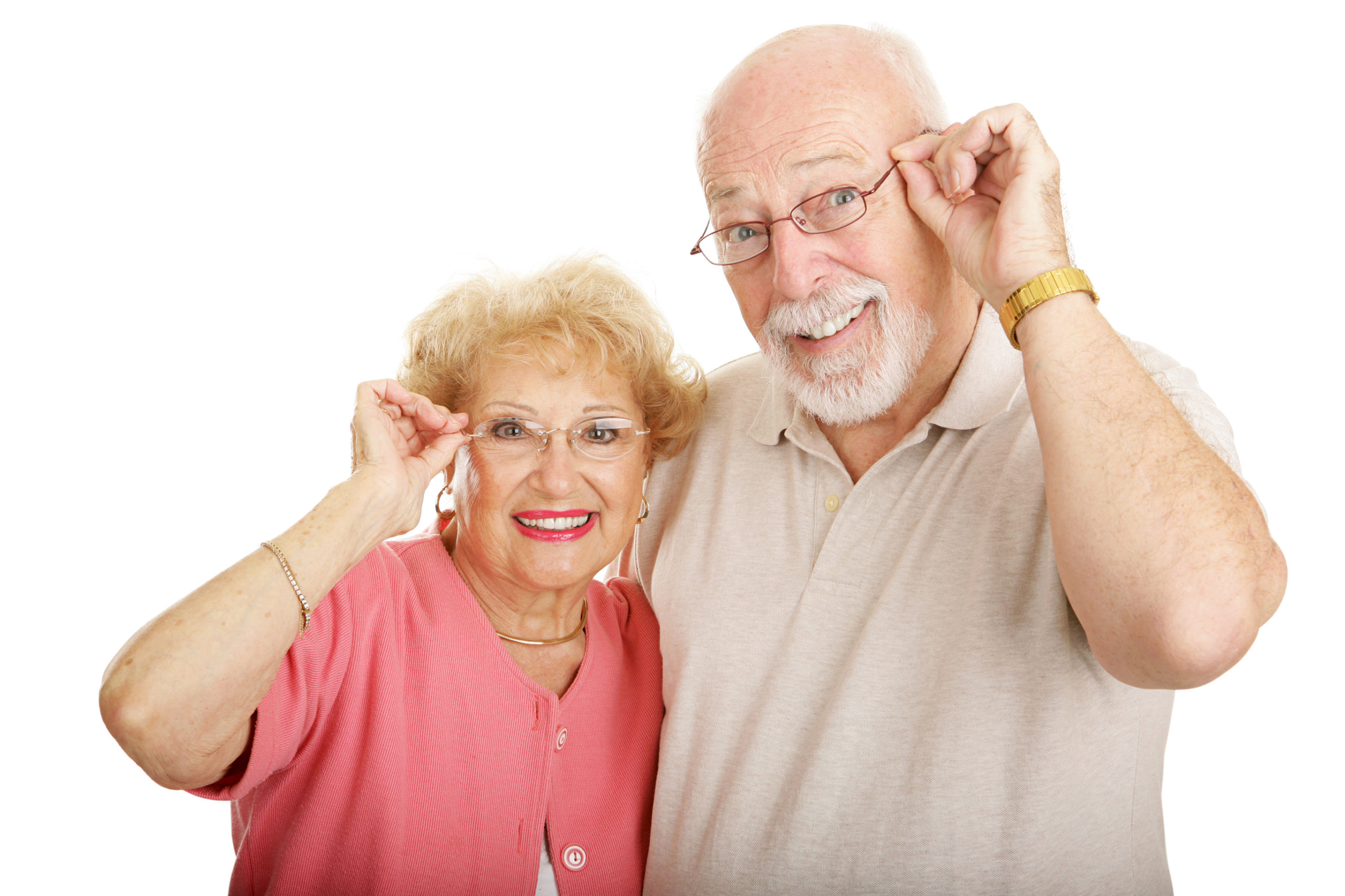 happy senior couple smiling with glasses