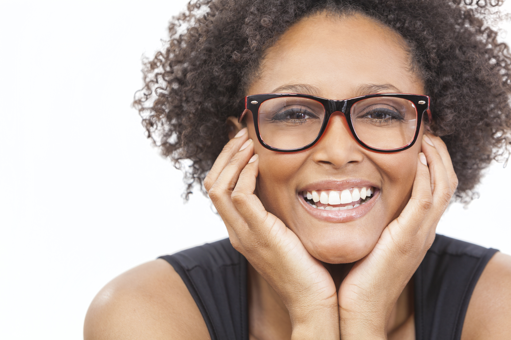 smiling african american woman wearing prescription glasses