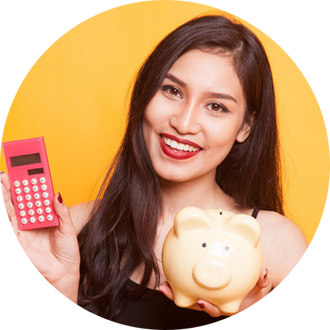 Young woman with dark hair holding a calculator and piggy bank